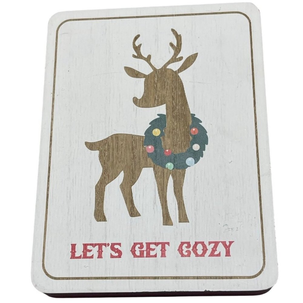all is bright tabletop wood plaque rectangle reindeer wreath let's get cozy READ